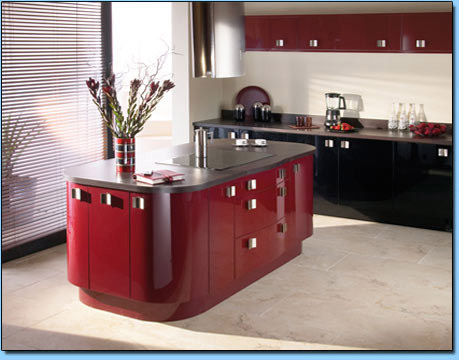 High gloss curved red kitchen